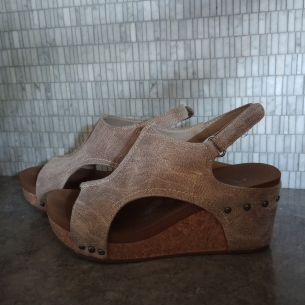 Very G Taupe/Tan Cork Wedge Sandals with Stud Accents